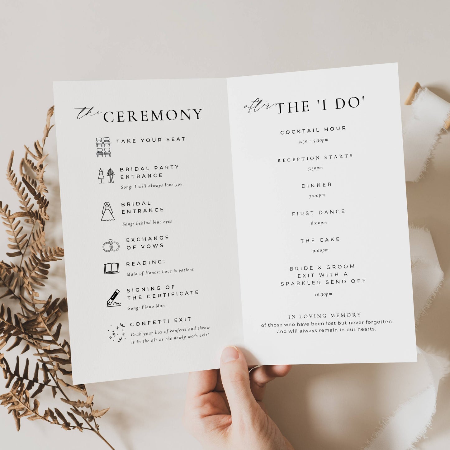 Modern Wedding Program Template Bi Fold 11x8.5"- Elianna
