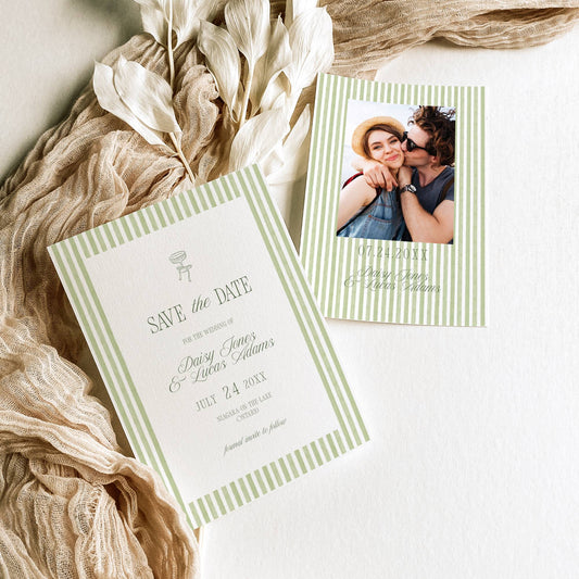 Wedding invitation card with 'Save the Date' text and a photo of a couple embracing, surrounded by decorative elements on a light background.