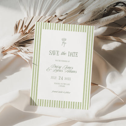 Wedding save the date card with green stripes on a light background with dried plants.