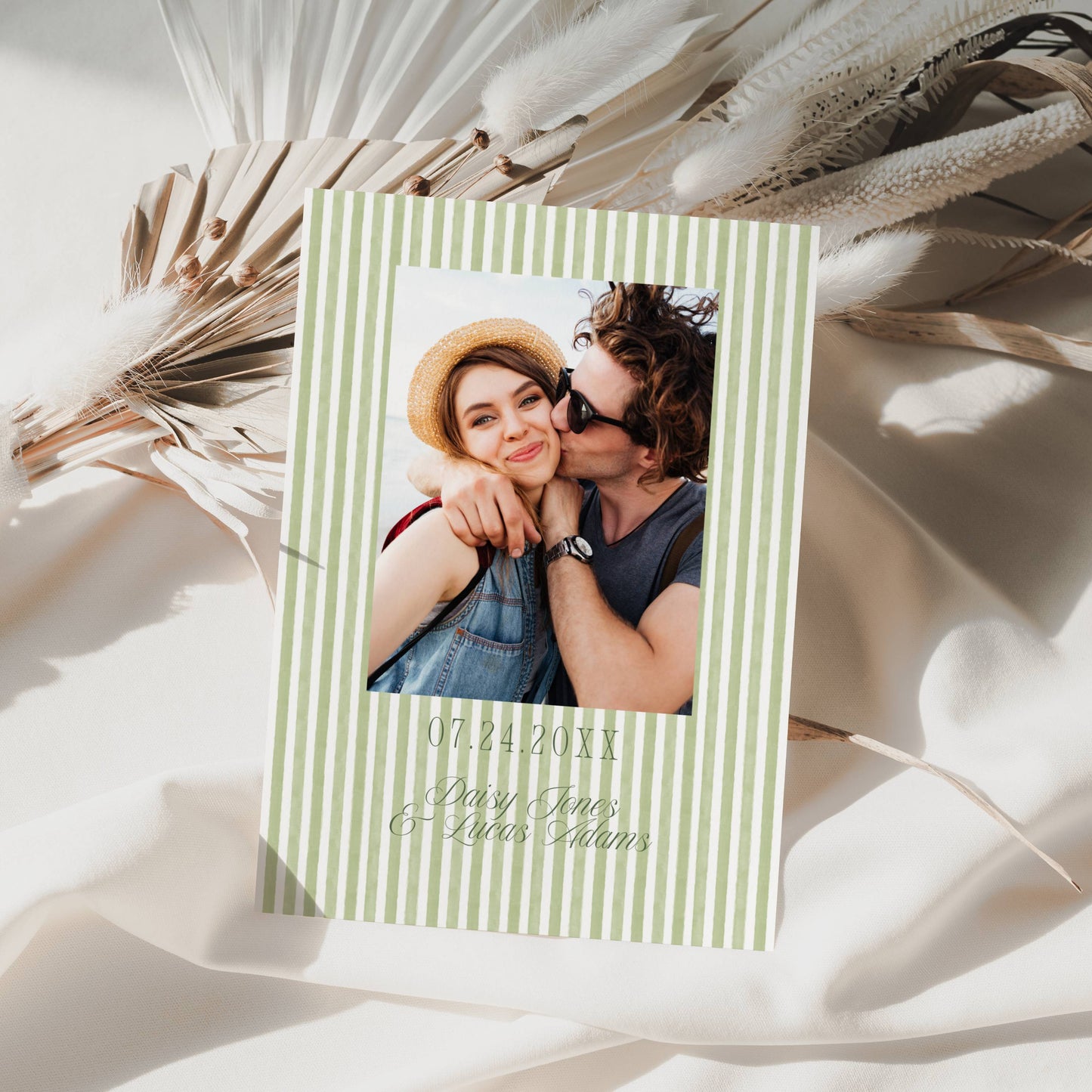 Green Striped Wedding Save The Date Template - Daisy