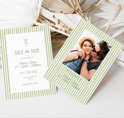 Green Striped Wedding Save The Date Template - Daisy