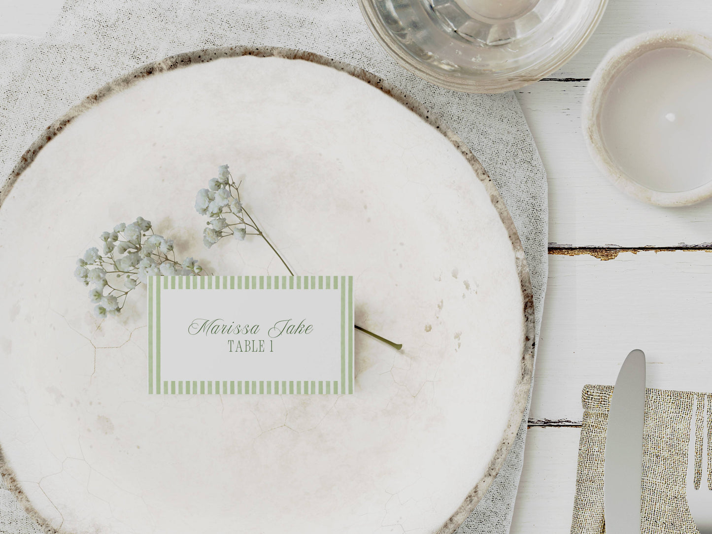 Essential Sage Green Striped Wedding Stationery & Reception Template Bundle - Daisy