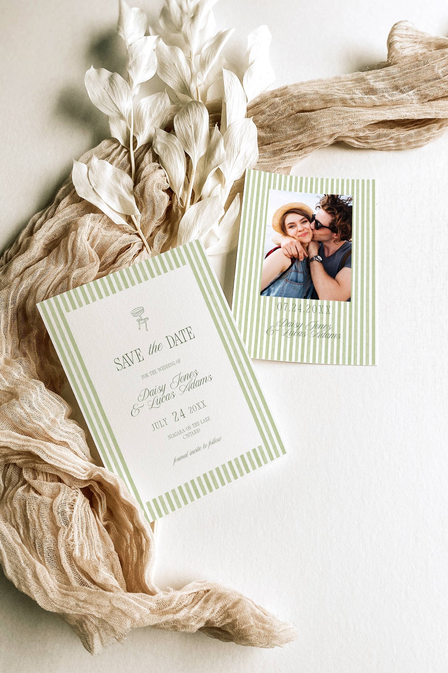 Essential Sage Green Striped Wedding Stationery & Reception Template Bundle - Daisy