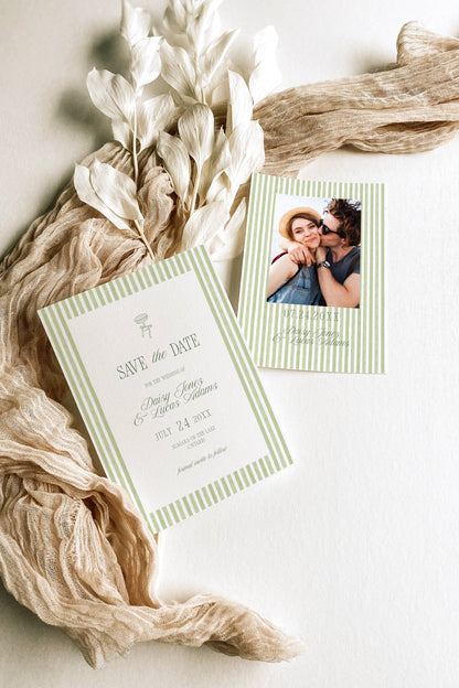 Essential Sage Green Striped Wedding Stationery & Reception Template Bundle - Daisy