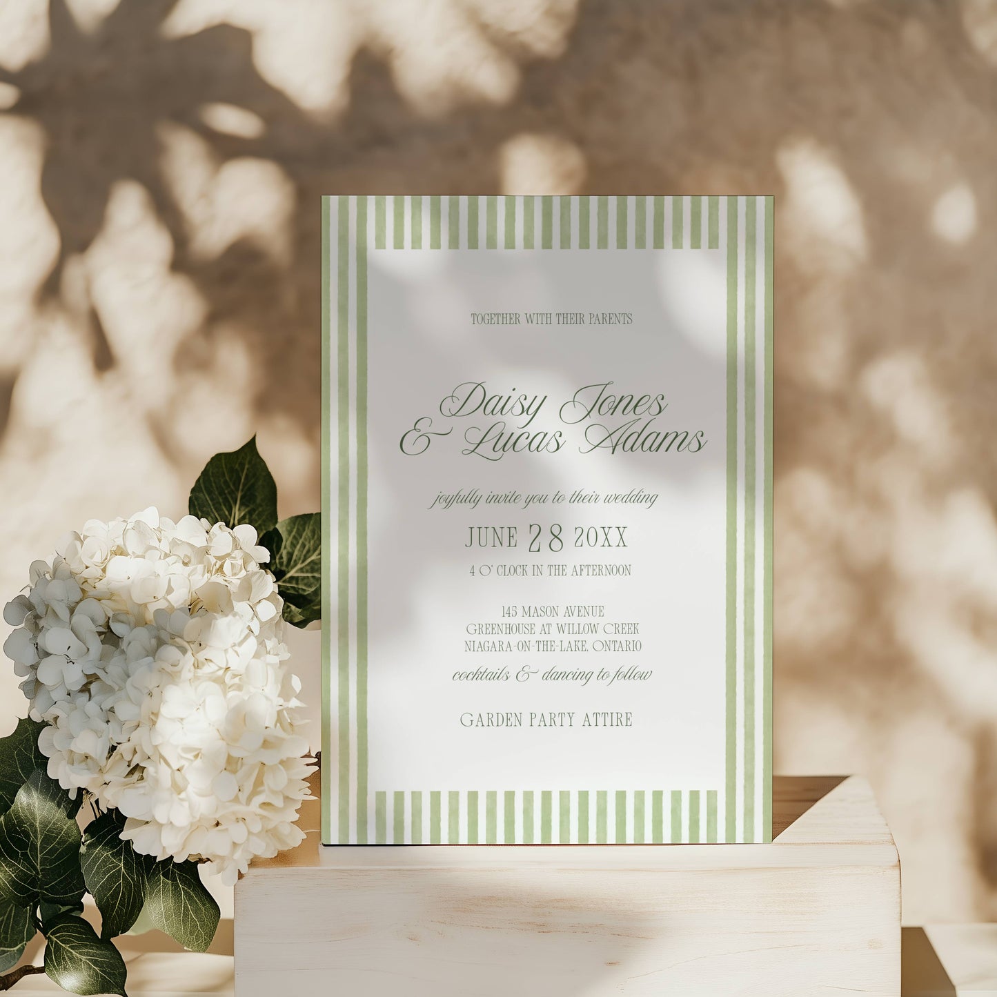 Green Striped Wedding Invitation Suite Template - Daisy