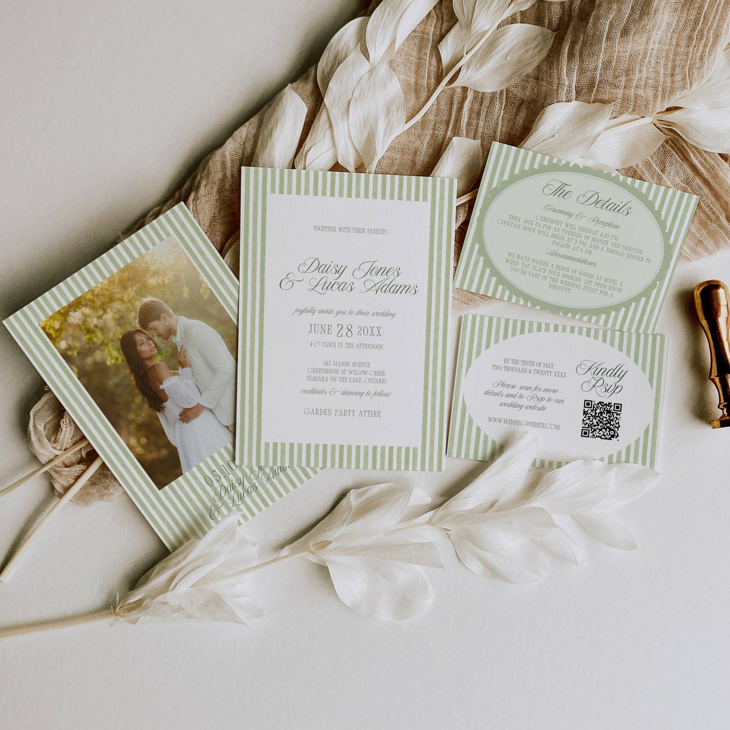 Sage Green Striped Signature Wedding Stationery & Reception Bundle - Daisy