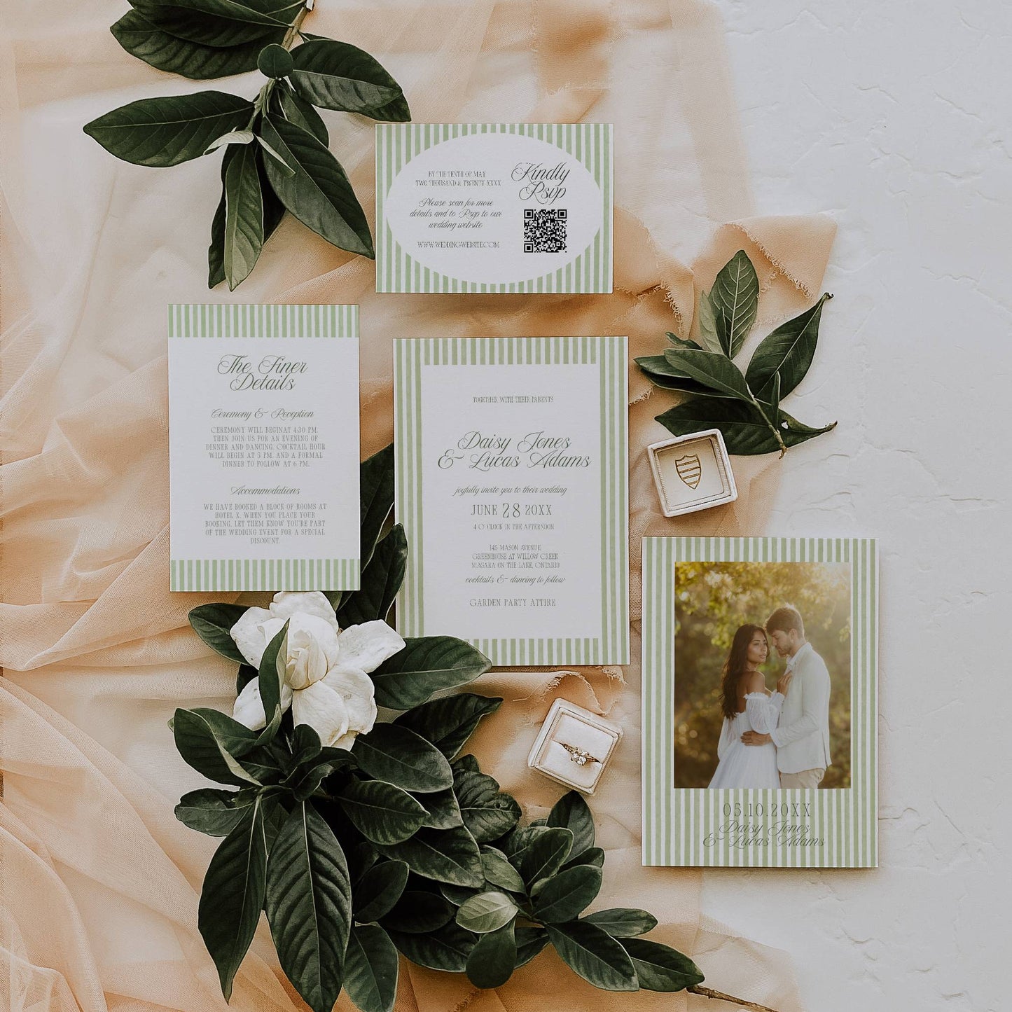 Sage Green Striped Signature Wedding Stationery & Reception Bundle - Daisy