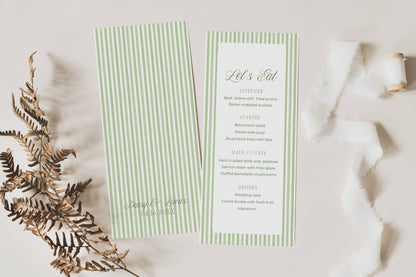 Essential Sage Green Striped Wedding Stationery & Reception Template Bundle - Daisy