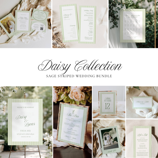 Sage Green Striped Signature Wedding Stationery & Reception Bundle - Daisy