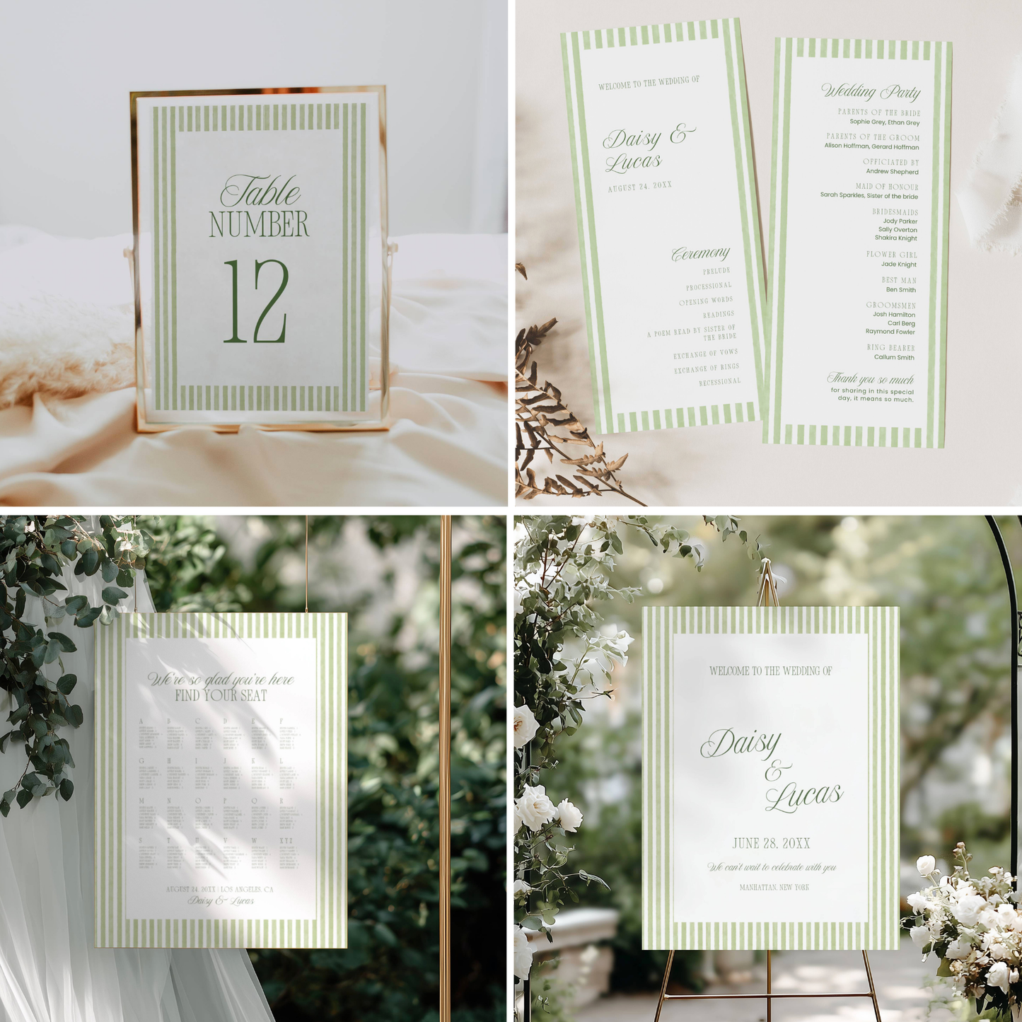 Sage Green Striped Signature Wedding Stationery & Reception Bundle - Daisy