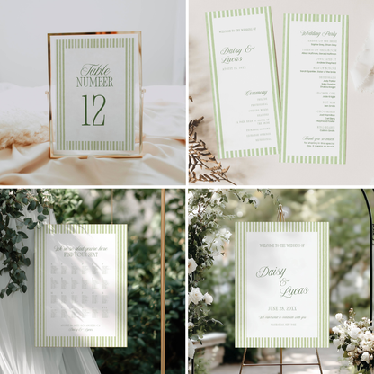Sage Green Striped Signature Wedding Stationery & Reception Bundle - Daisy