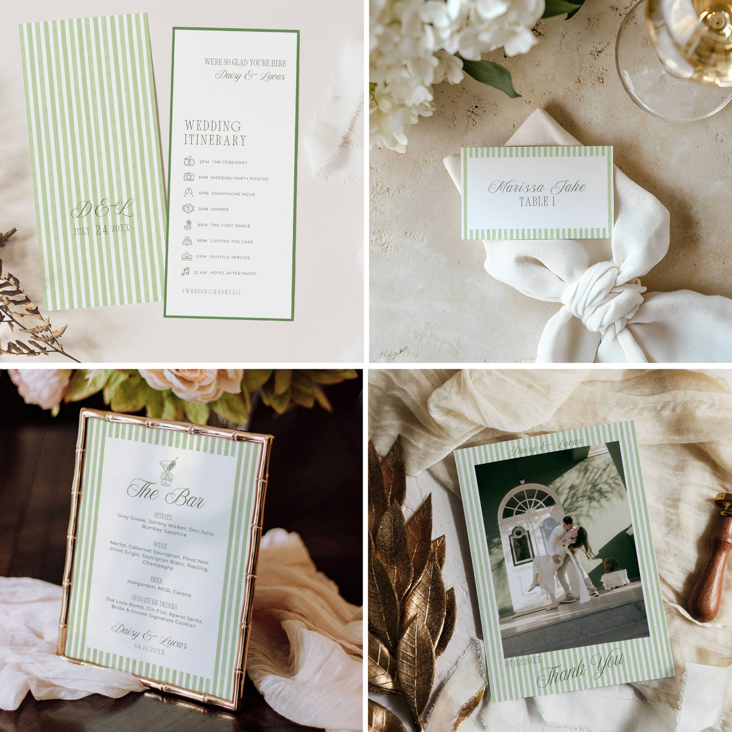 Sage Green Striped Signature Wedding Stationery & Reception Bundle - Daisy