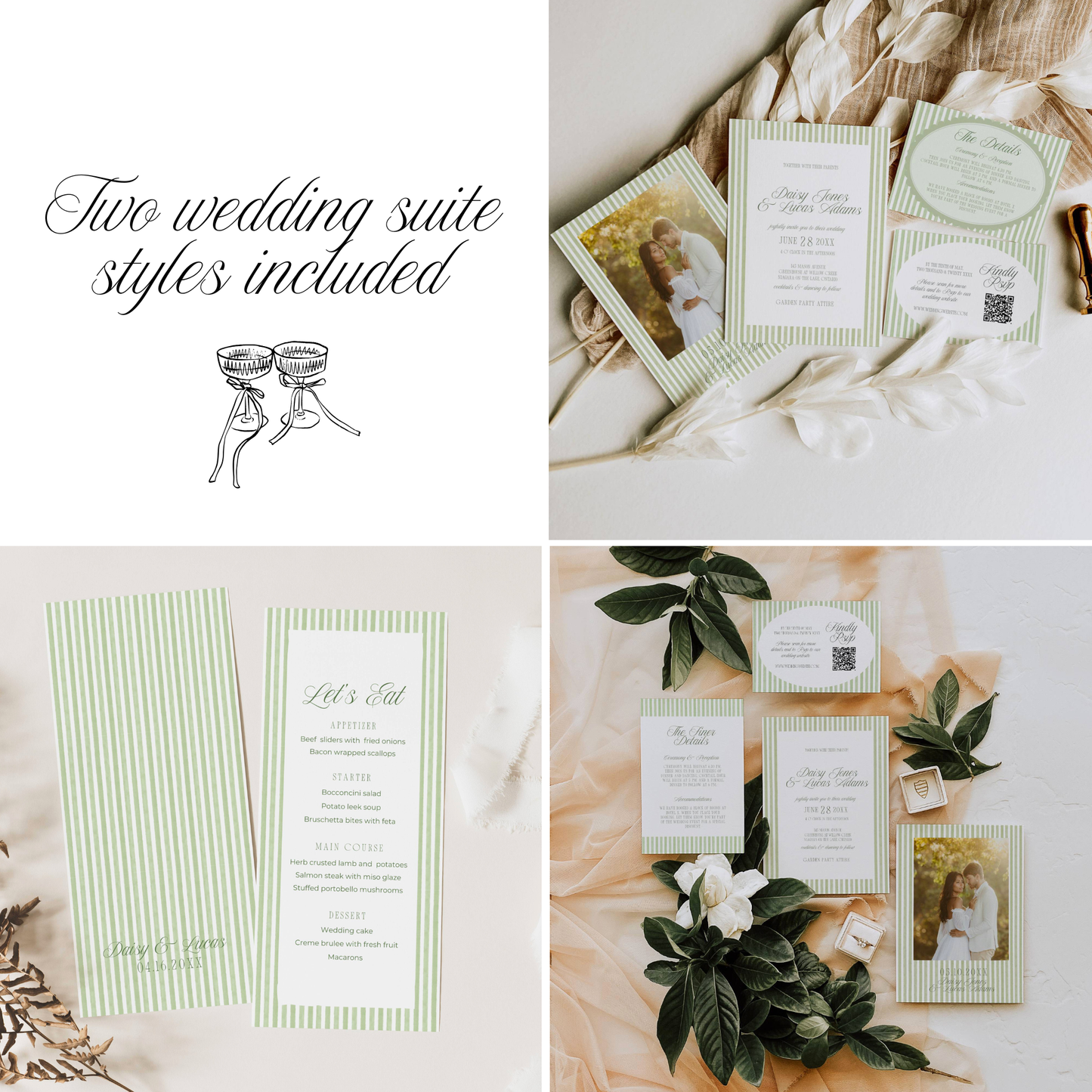Sage Green Striped Signature Wedding Stationery & Reception Bundle - Daisy