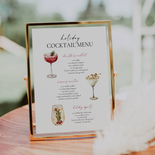 Holiday cocktail menu on a wooden stand with a blurred outdoor background