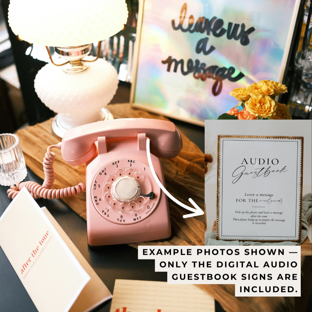Pink vintage-style telephone on a table with a digital audio guestbook sign in the background.