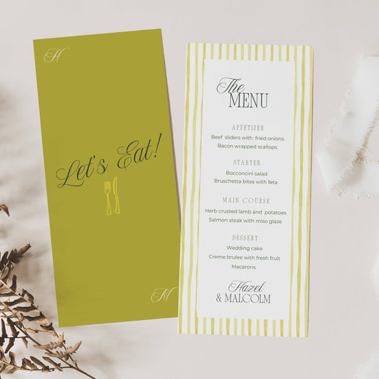 Island Citrus retro striped wedding menu, olive Let's Eat cover and yellow striped menu card