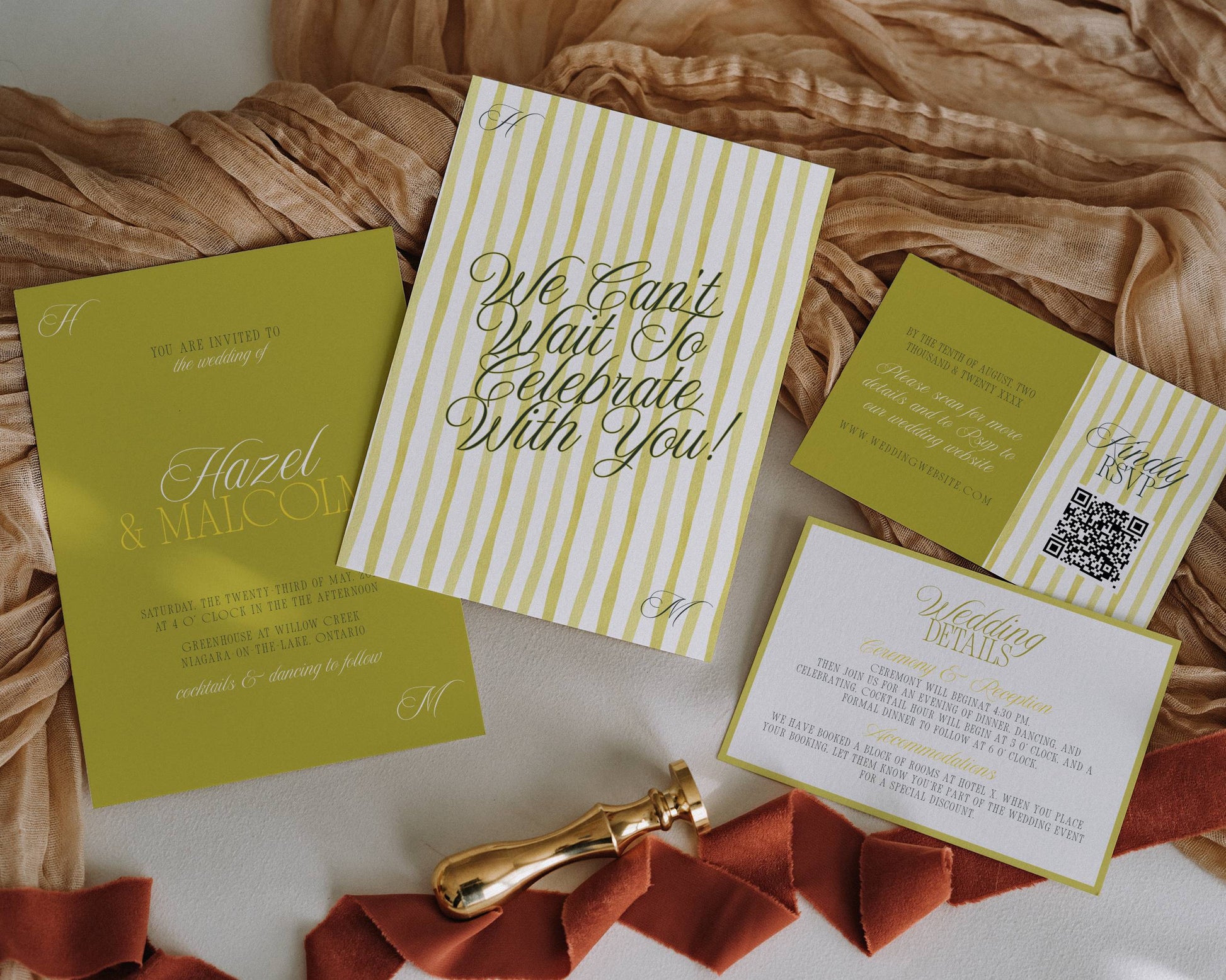 Set of island citrus and white invitations on a textured surface with ribbons.