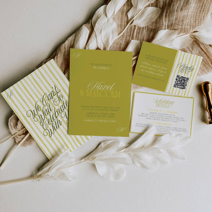 Set of wedding invitations with island citrus yellow, green and white design on a textured surface