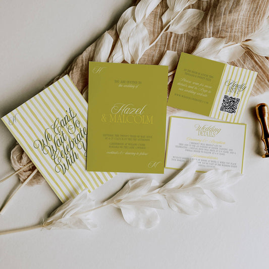Set of wedding invitations with island citrus yellow, green and white design on a textured surface