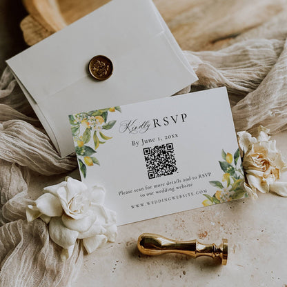 Mediterranean Lemons Wedding Invitation Suite QR Code Template - Alexia