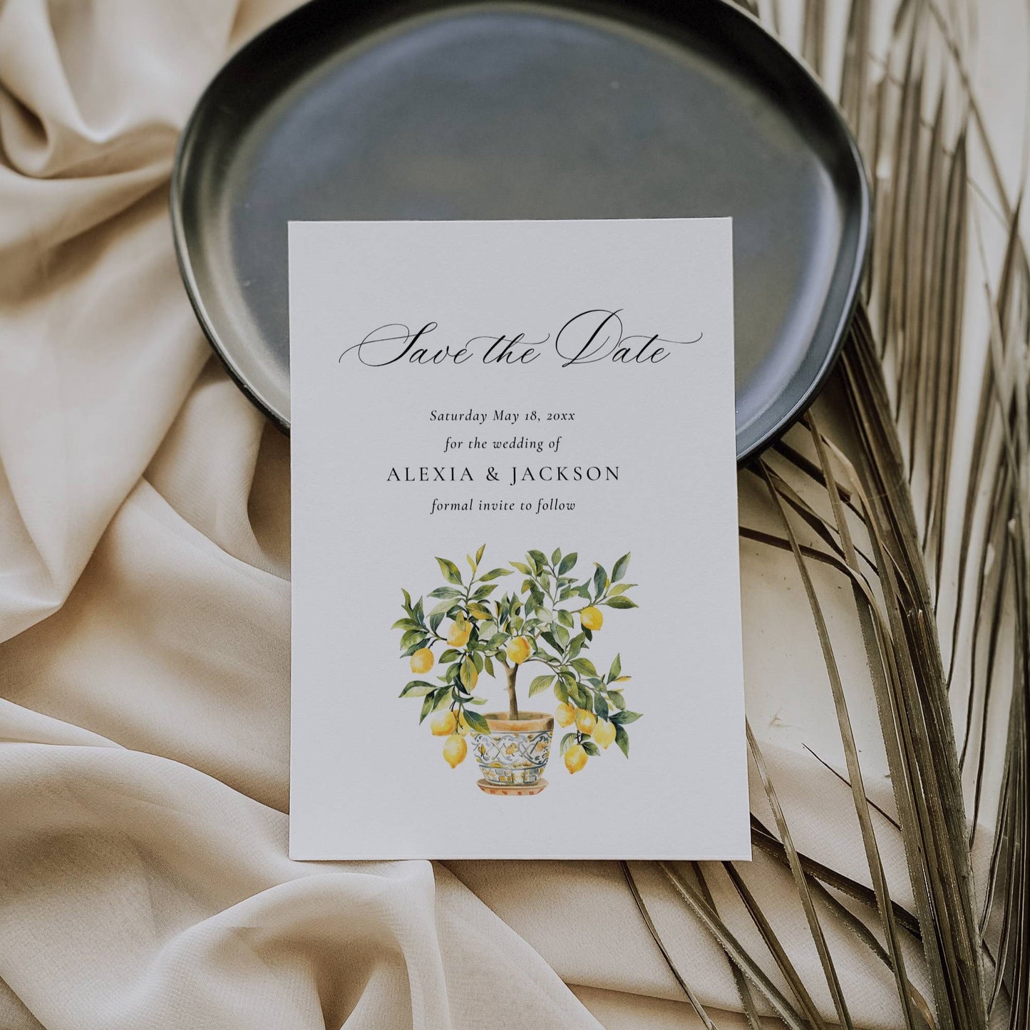 Mediterranean Wedding Save the Date Card Template - Alexia