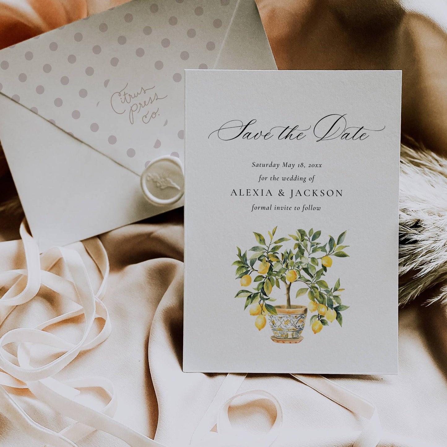 Mediterranean Wedding Save the Date Card Template - Alexia