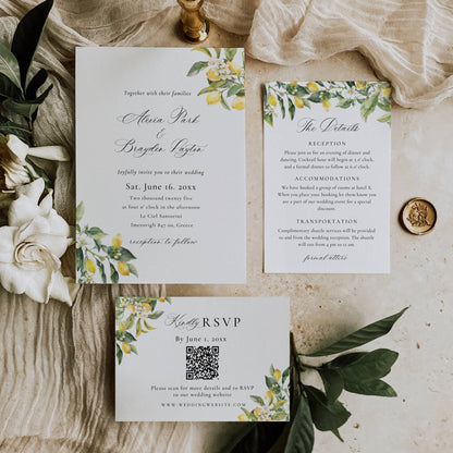 Mediterranean Lemons Wedding Invitation Suite QR Code Template - Alexia