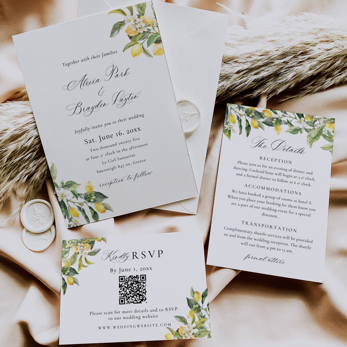 Mediterranean Lemons Wedding Invitation Suite QR Code Template - Alexia