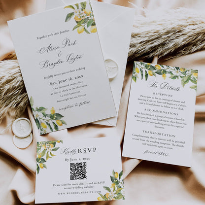 Mediterranean Lemons Wedding Invitation Suite QR Code Template - Alexia