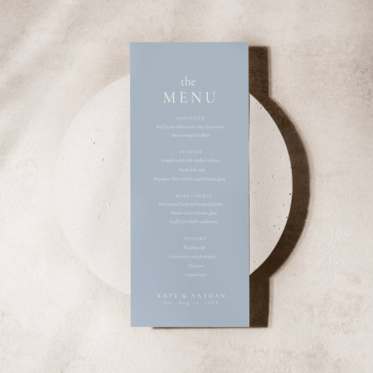 Blue menu on a textured beige surface