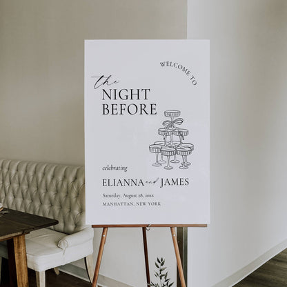 Wedding welcome sign on an easel with decorative elements in a room.