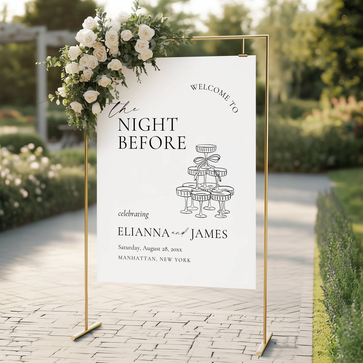 Wedding invitation card with champagne glass design on a white background