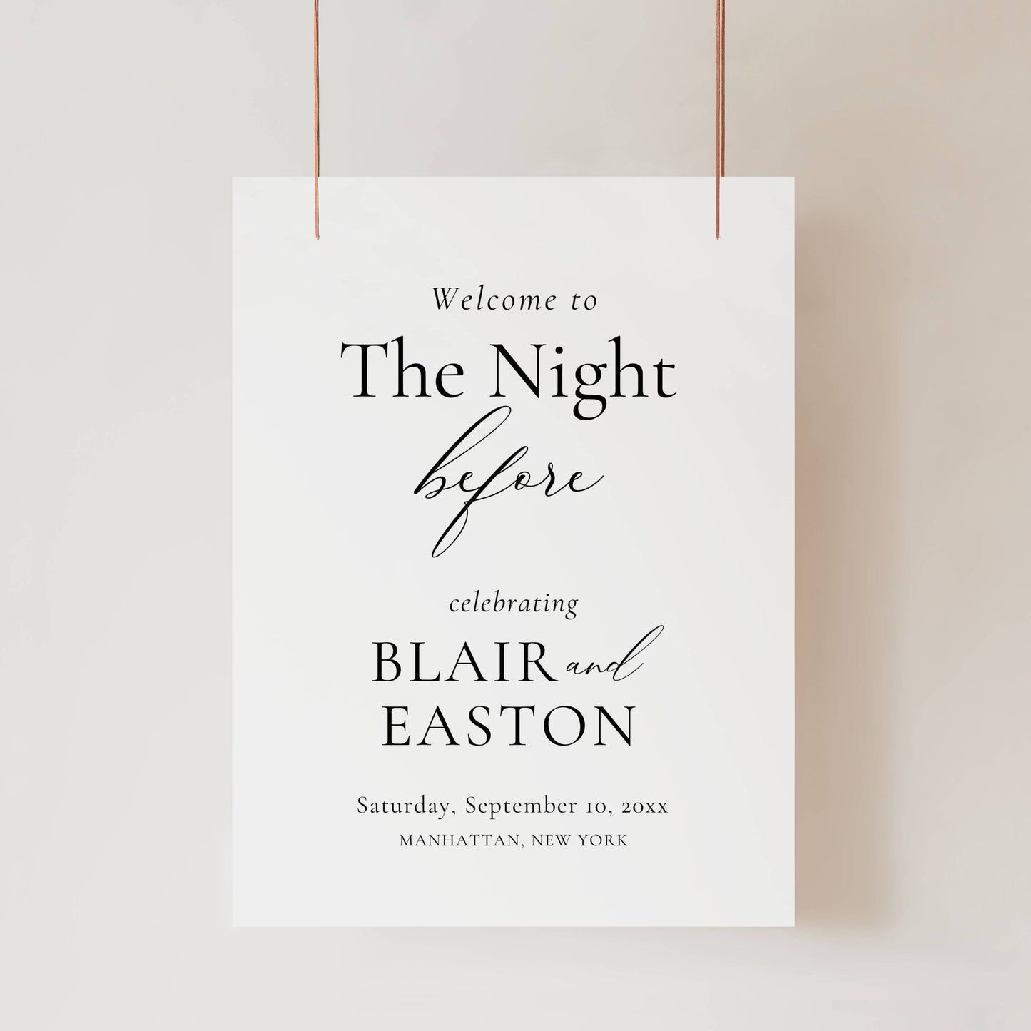 Invitation card with text 'Welcome to The Night before celebrating Blair and Easton' on a white background