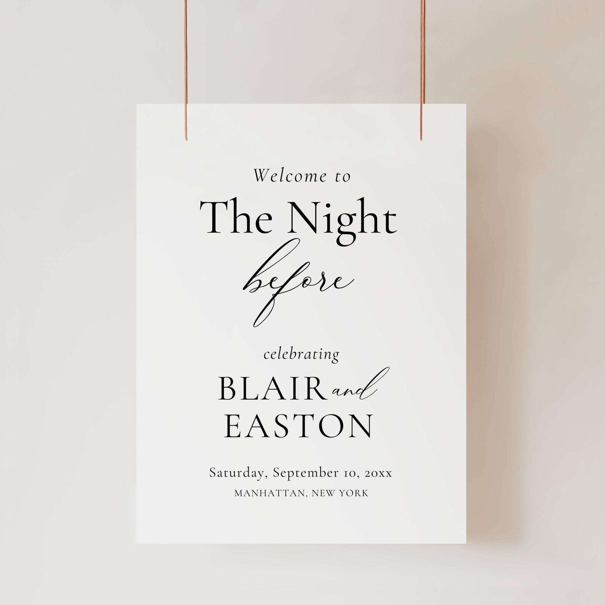 Invitation card with text 'Welcome to The Night before celebrating Blair and Easton' on a white background