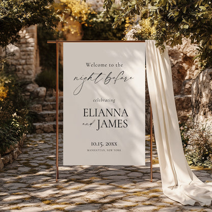 Wedding welcome sign for Elianna and James set against a stone wall with greenery.