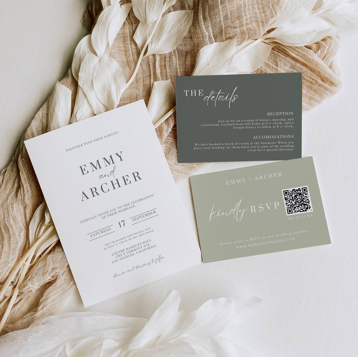 Sage Green Wedding Invitation Suite Template -Emmy