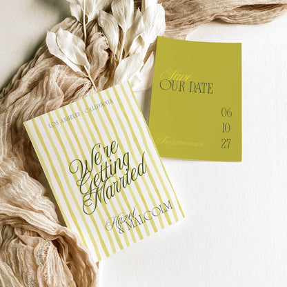Wedding invitation cards with 'We're Getting Married' and 'Save the Date' text on a light background.