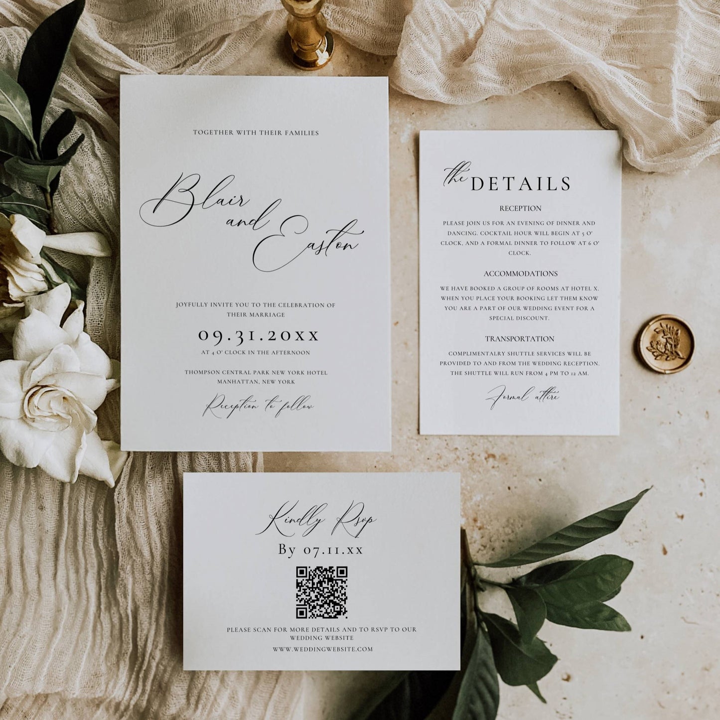 Elegant Script Wedding Invitation Suite Template -Blair