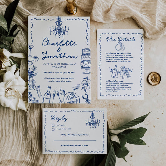 Navy Blue Hand Drawn Wedding Invitation Suite Template - Charlotte