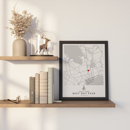 Mistletoe holiday custom wedding map print in a black 11x14 frame on a styled shelf