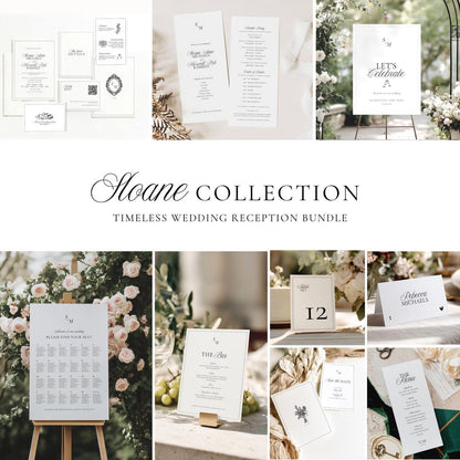 Sloane Collection timeless black and white monogram wedding stationery and reception signage bundle, full styled flat lay