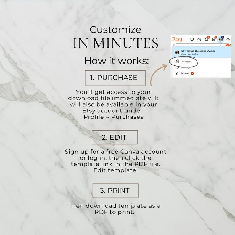 Guide showing how to purchase, edit, and print your template