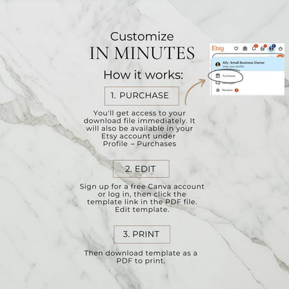 Guide showing how to purchase, edit, and print your template