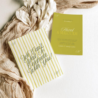 Olive green invitation paired with a yellow-striped details card