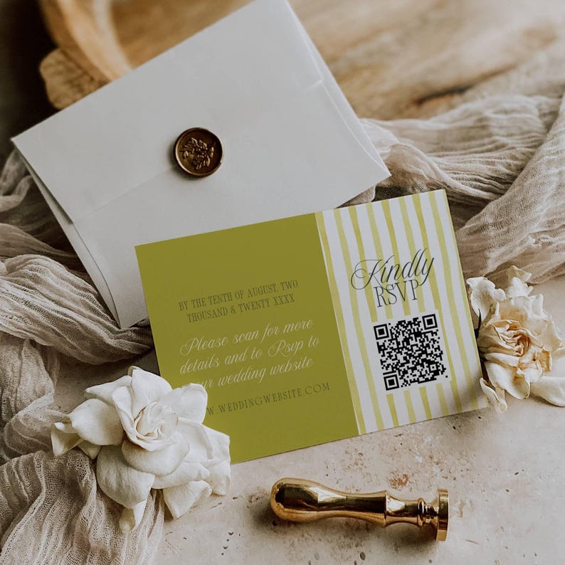 Chartreuse and white striped RSVP card with QR code