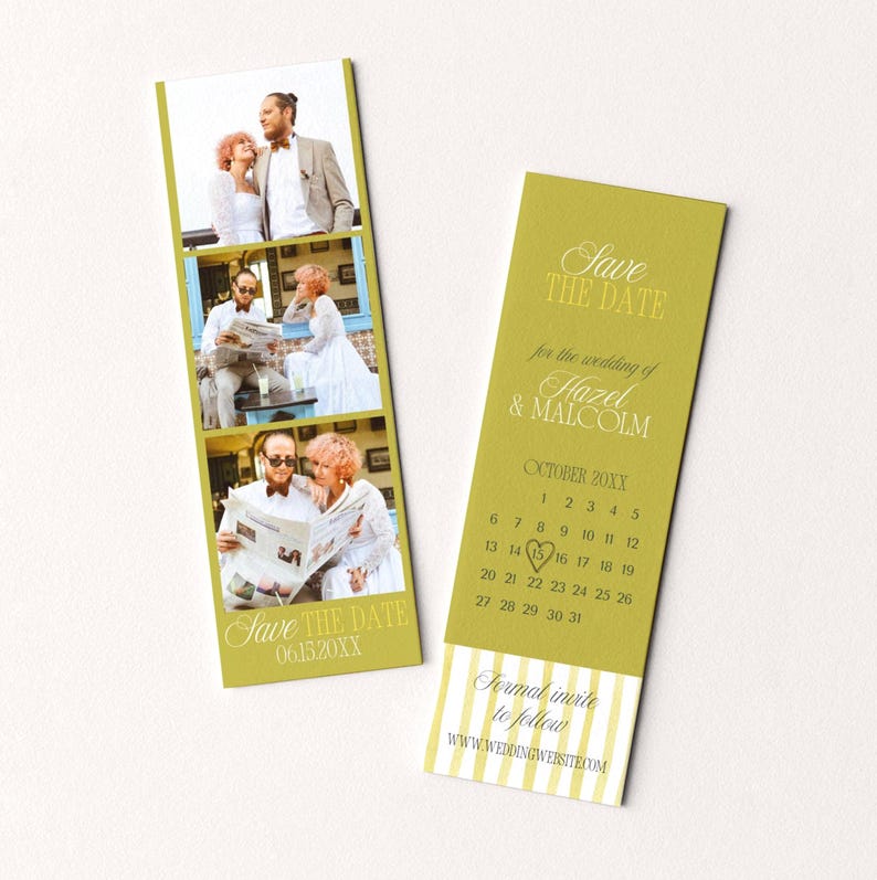 Island Citrus retro photo strip save the date card with couple photos and calendar