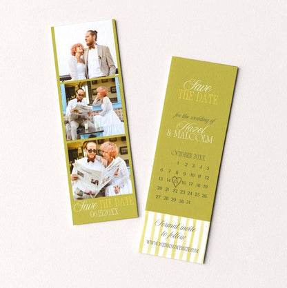 Island Citrus retro photo strip save the date card with couple photos and calendar