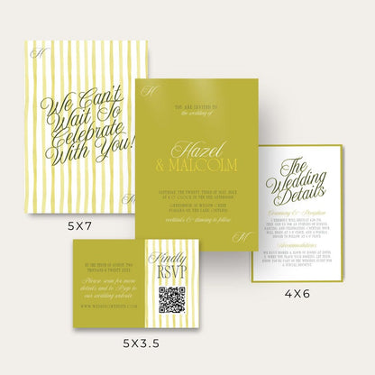 Green and white wedding invitation stationery set with invitation, RSVP, and details cards