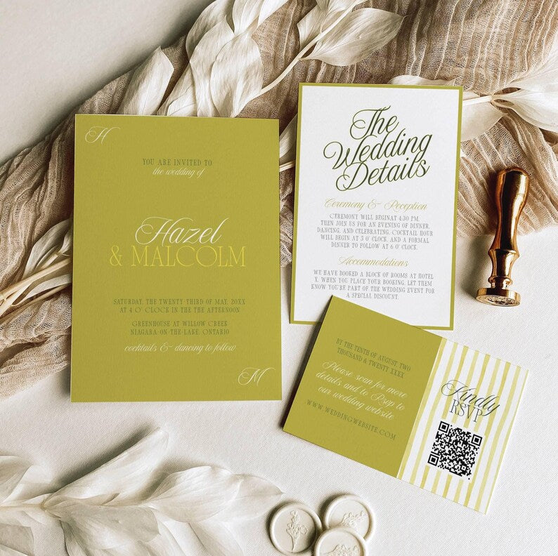 Olive green wedding invitation card with white script text, part of the Island Citrus suite