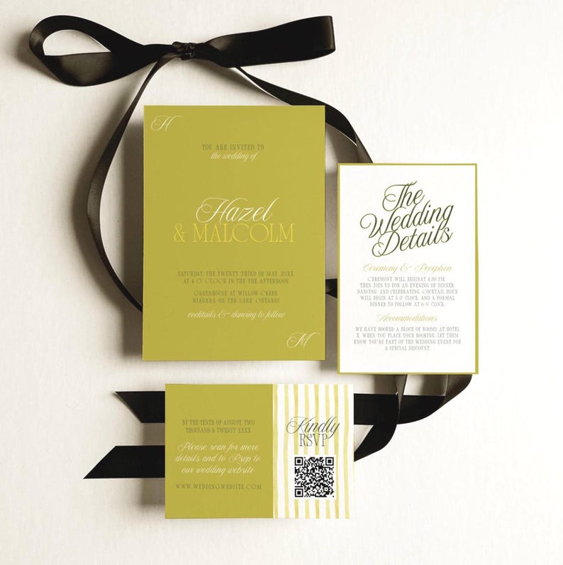 Olive green wedding invitation suite with black ribbon, RSVP card with QR code, and details card